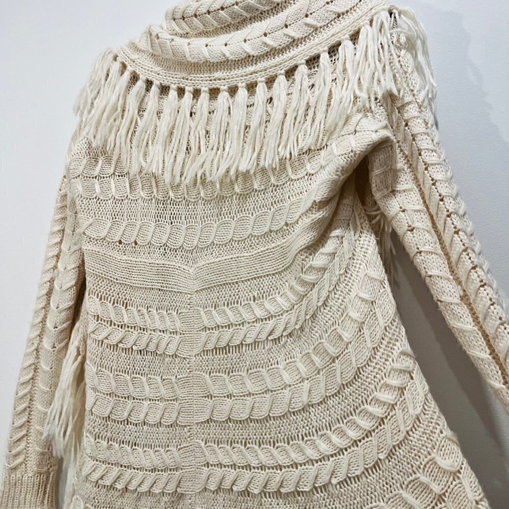 Anthropologie BB Dakota Karli Fringe Cream Long Cable Knit Wool Shawl Cardigan - Picture 14 of 16